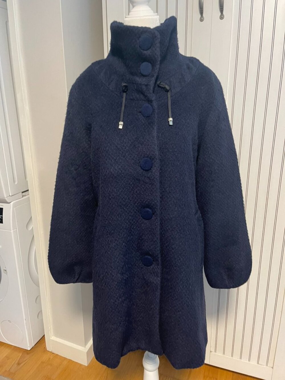ANA CLEF Navy Wool 100% Coat Womens M High Collar Boucle Winter Coat